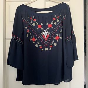 Embroidered bell sleeve top